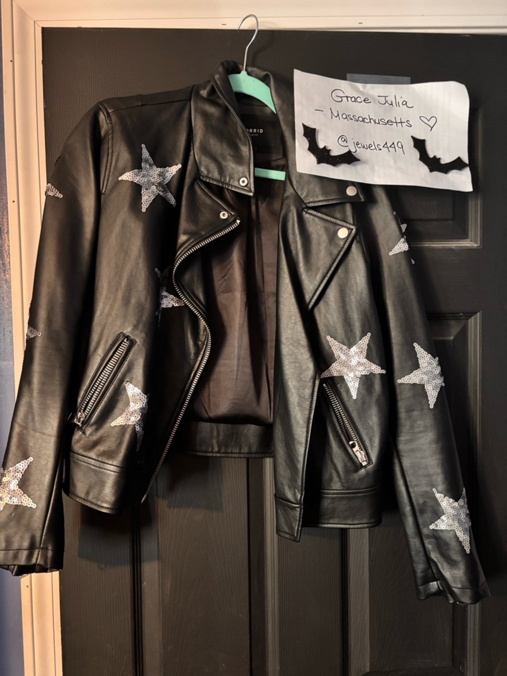 torrid Black Faux Leather Moto Jacket with Silver Sequin Stars
